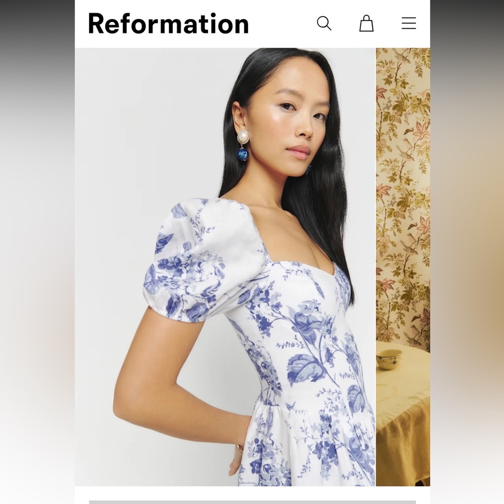 Reformation Davila linen dress with Blue Floral Print (Toile) and Puff Sleeves